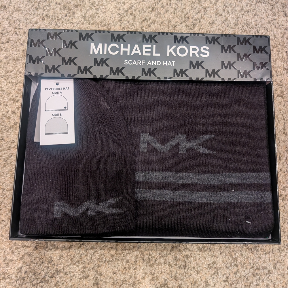 Michael Kors Charcoal and Black Scarf and Hat Set